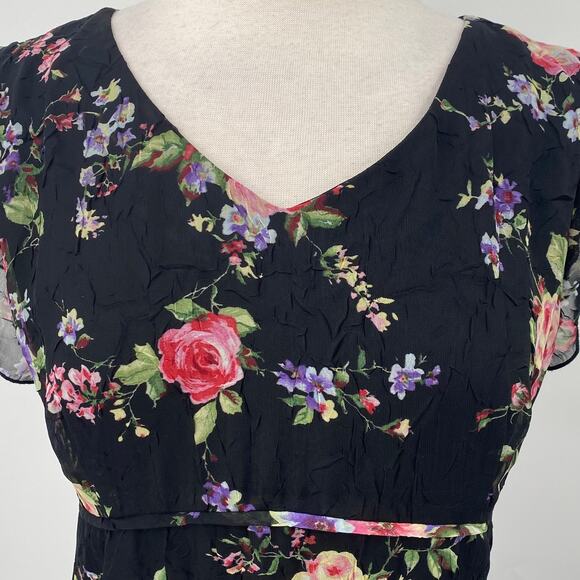 Vintage 90s Floral Print Midi Dress Crepe Empire Tie Waist V Neck Black Pink M - Picture 4 of 9